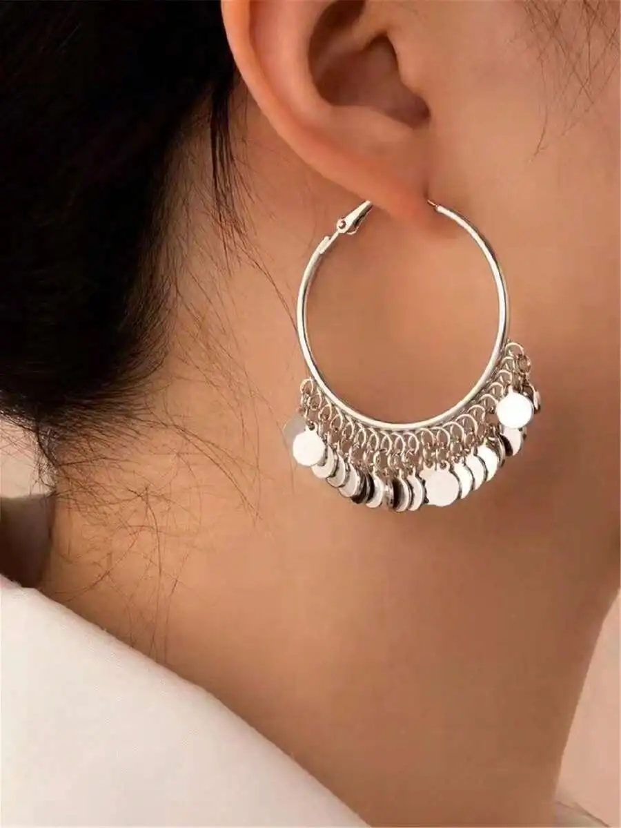 1 pair disc charm earrings with geometric round pendant and large hoop design for women stylish look view 2