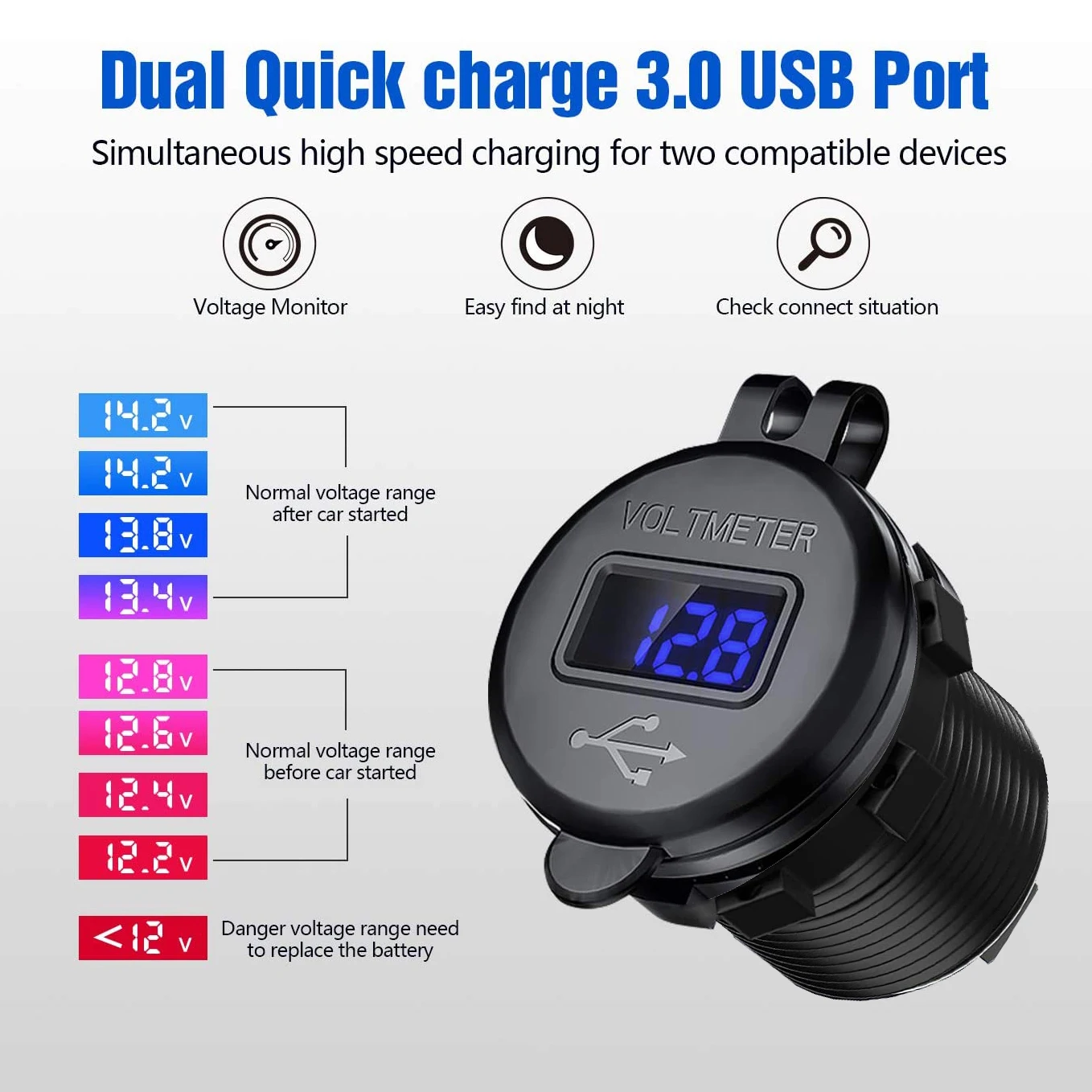 Schnellladegerät Aluminium QC3.0 Dual USB Autoladegerät mit Schalterknopf LED Spannungsanzeige für 12V/24V Autos Boote Motorrad – Detail 3