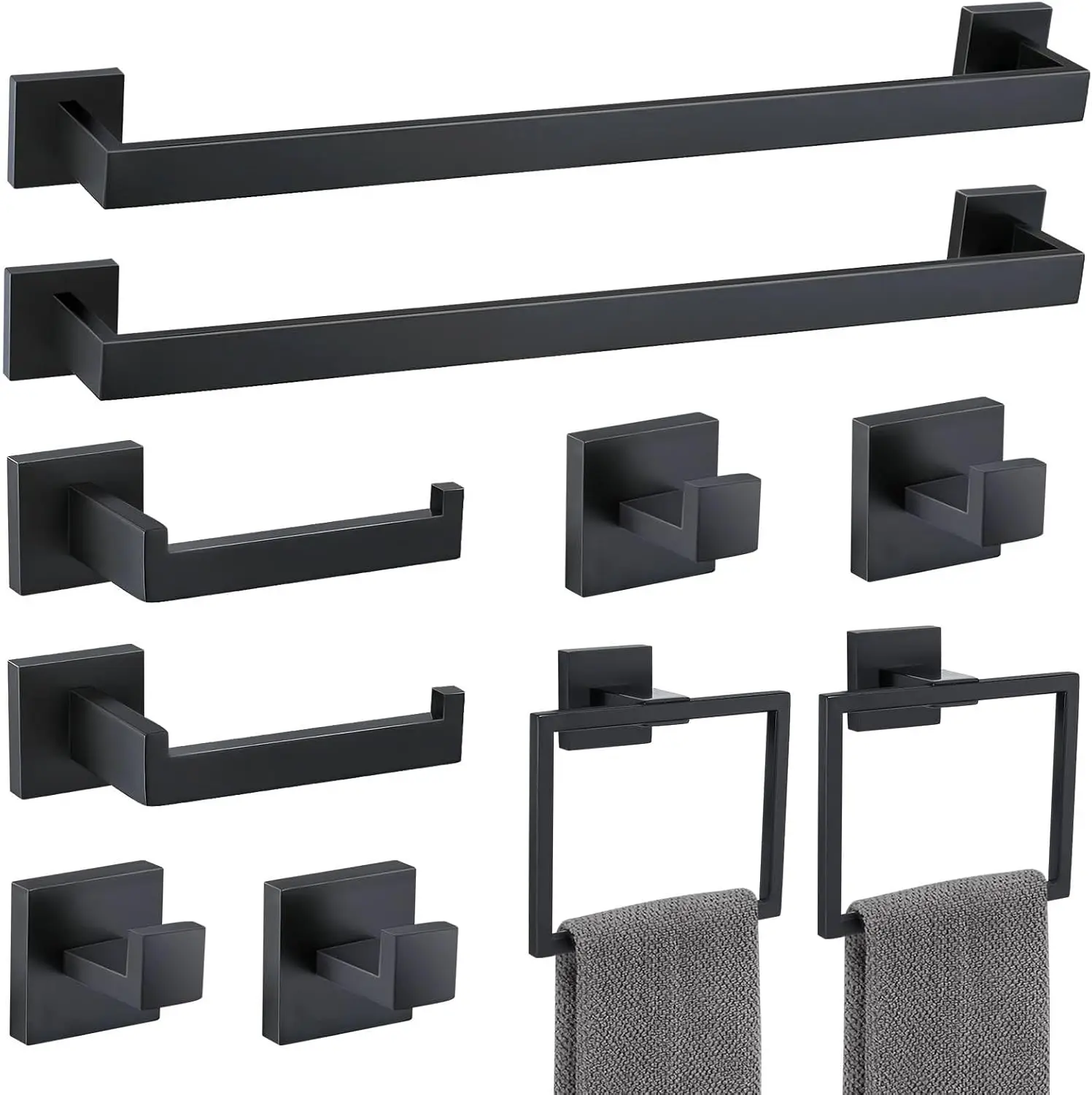 

10-Piece Matte Black Bathroom Hardware Set, Stainless Steel Towel Bars & Hooks, Modern Square Design