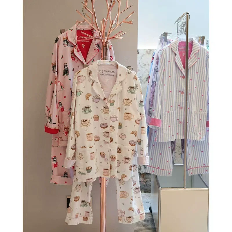 100% Cotton Sweet Oversize Cardigan Long Sleeve Print Cartoon Sleepwear Set Comfortable Home Clothes for Girls Autumn Loungewear