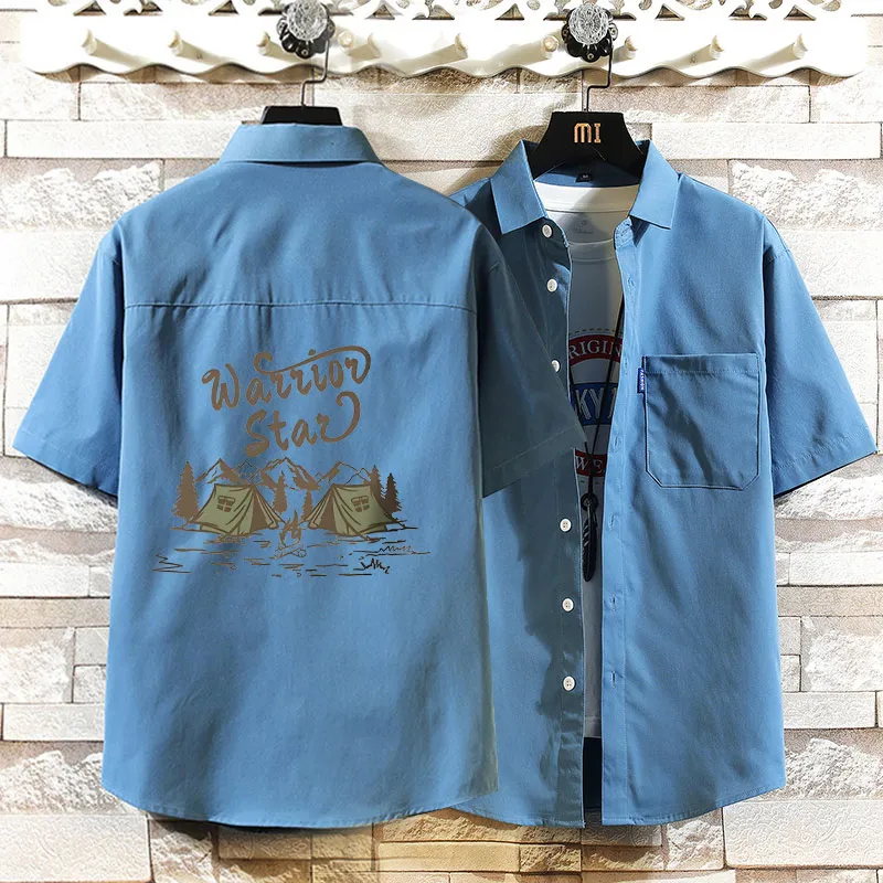 

Мужская рубашка свободного кроя из ледяного шелка с коротким рукавом, дышащая, летняя, модная, повседневная, из полиэфирного волокна, с отложным воротником, синего цвета