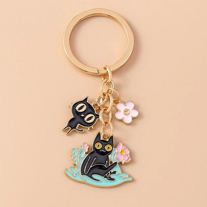Cute Enamel Cartoon Cat Keychain Potted Plant Flower Key Ring for Women Girls Handbag Pendants DIY Handmade Jewelry Gift