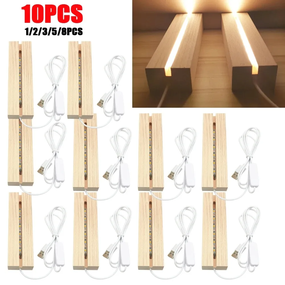 1-10PCS LED Wood Light Display Crystal Wooden Lighted Base Stand Acrylic Light Plate Base USB Wooden Base for Resin Art Light 