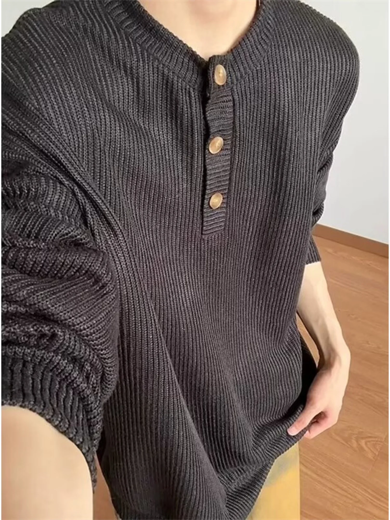 

Мужской вязаный свитер свободного кроя с воротником хенли, с длинным рукавом, осенне-зимний стиль, повседневная базовая одежда, базовый слой, в стиле lazy style