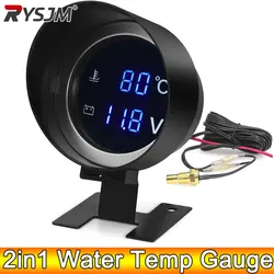 AD 2 in 1 12V 24V Round Led Digital Car Truck Water Temp Gauge Temperature Sensor Temperatura Moto Voltmeter Volt Voltage Meter