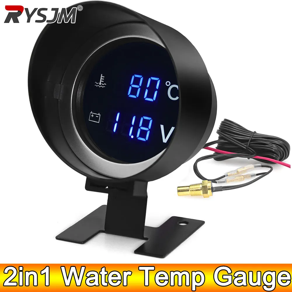 AD 2 w 1 12V 24V Okrągły cyfrowy wskaźnik temperatury wody do samochodów ciężarowych Czujnik temperatury Temperatura Moto Woltomierz Volt Miernik napięcia