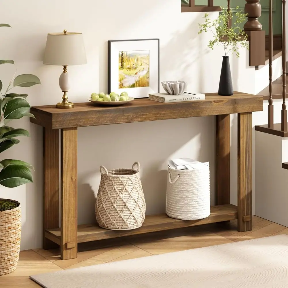 Mesa de entrada o recibidor de madera maciza, mesas de entrada de estilo rústico de 54.3 pulgadas con tablero y patas engrosadas, mesa estrecha y delgada para colocar detrás del sofá.