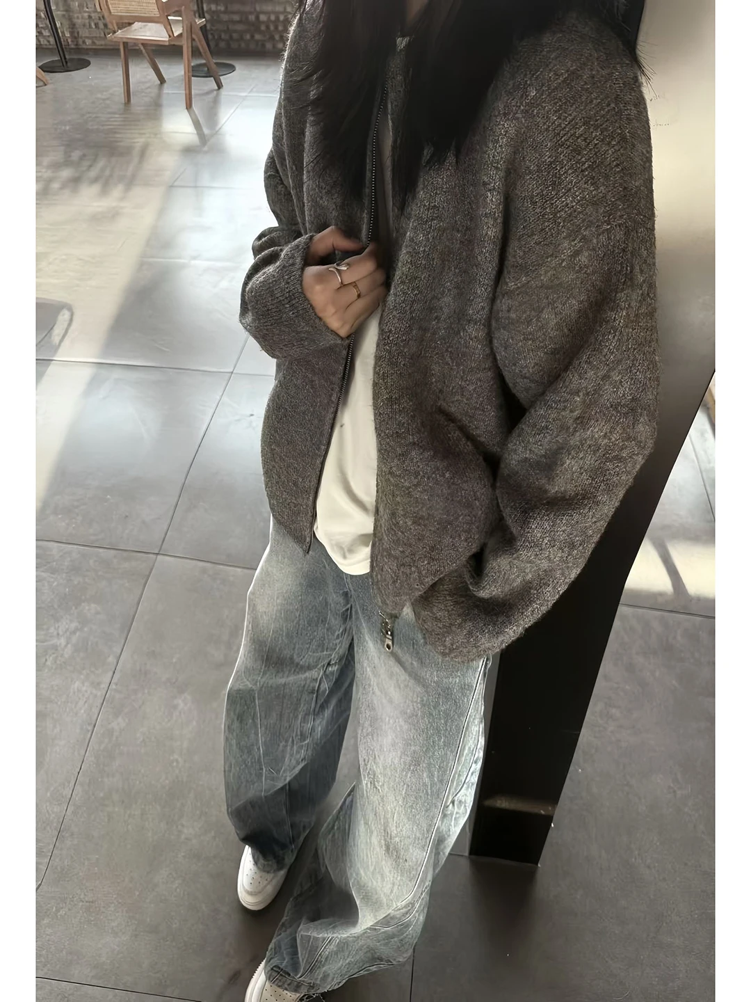 

Серый открытый кардиган-свитер мужской, в американском ретро-стиле, Cleanfit, вязаный, на молнии, с круглым вырезом, с длинными рукавами, для отдыха