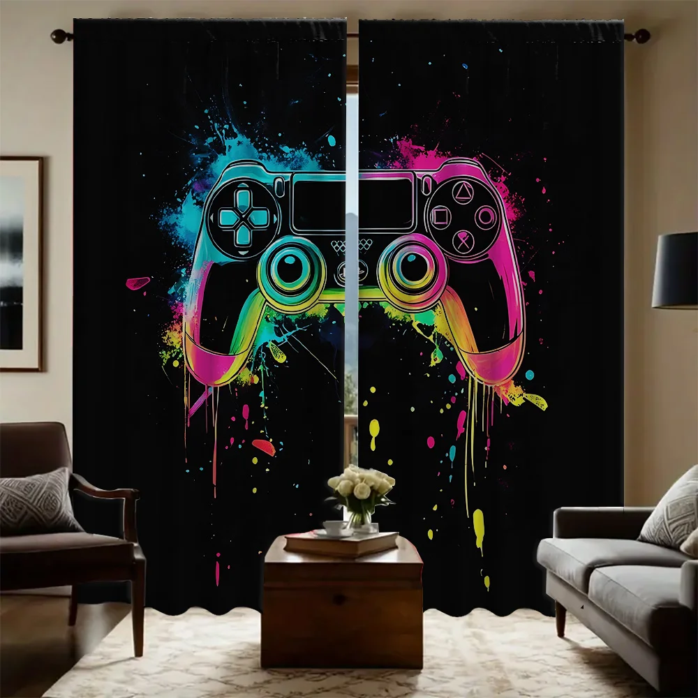 2PC Home GamePad Range Curtains With Landscape Background And Pole Pocket Curtains, Kitchen, Coffee Shop, Living Room