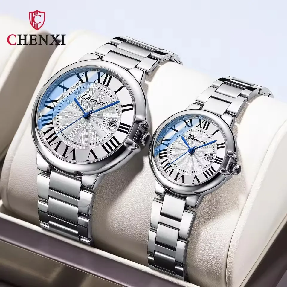 CHENXI 039 Reloj de cuarzo para parejas, relojes de pulsera de acero inoxidable plateados simples a la moda de lujo para mujeres y hombres