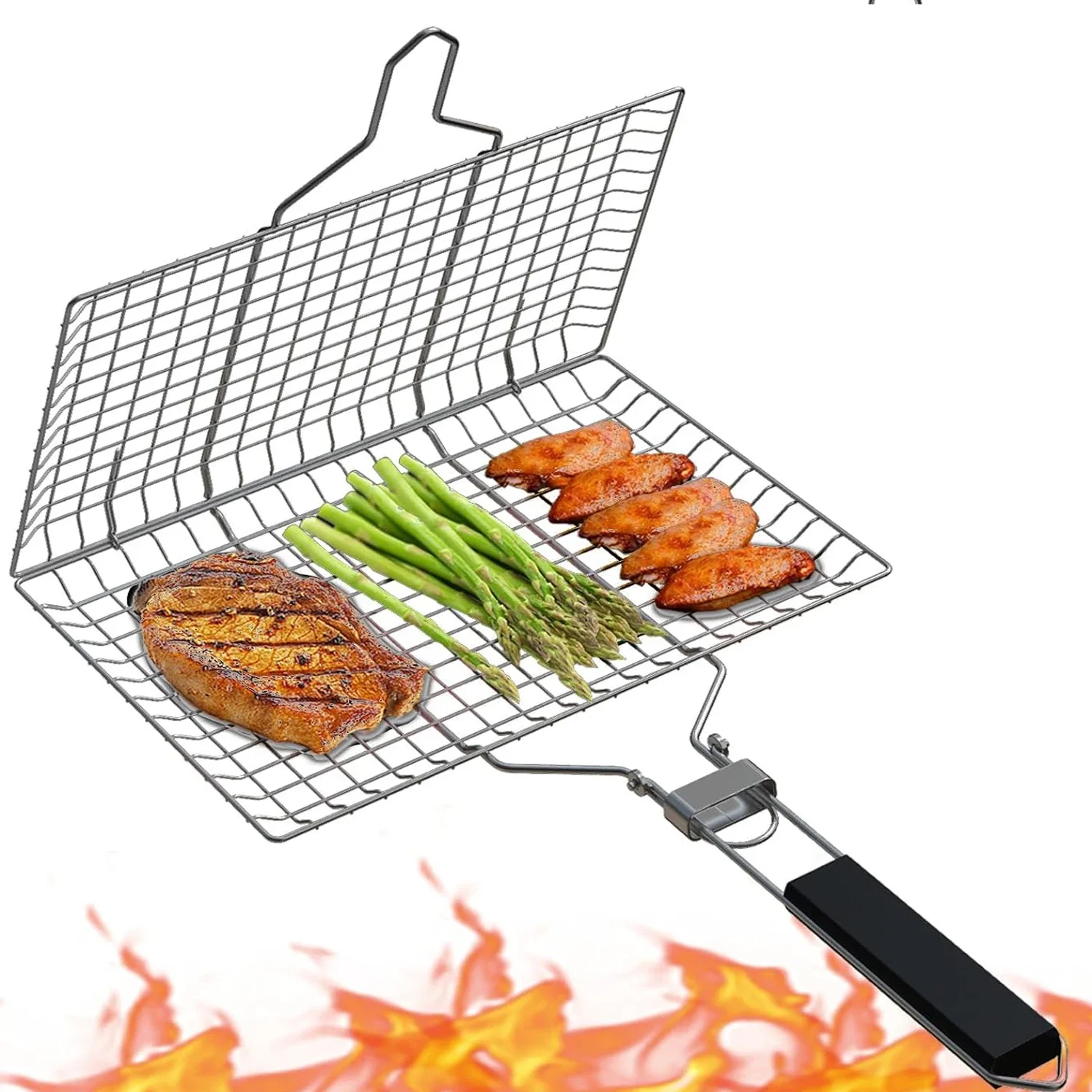 Grill Basket Stainless Steel Folding Grilling Basket Outdoor Camping BBQ Rack Shrimp Steaks Fish Barbeque Griller Cooking Tool