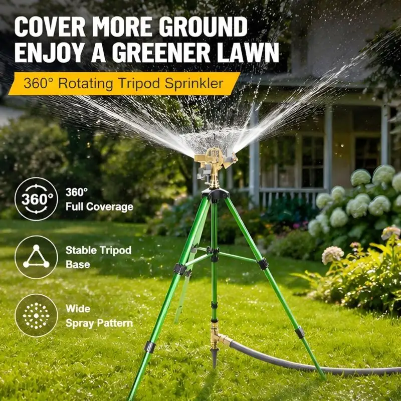 Three-Leg Garden Sprinkler with Stake Base, Brass-Colored Head and Metal Legs for Lawn Watering, Garden Irrigation and Yard KXRE