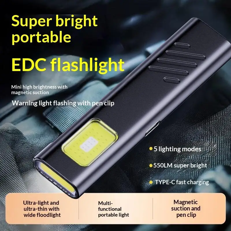 Mini Portable Rechargeable LED Torch Light, Waterproof Outdoor Work Pocket Flashlight with Magnetic Grip, Compact LED Flashligh