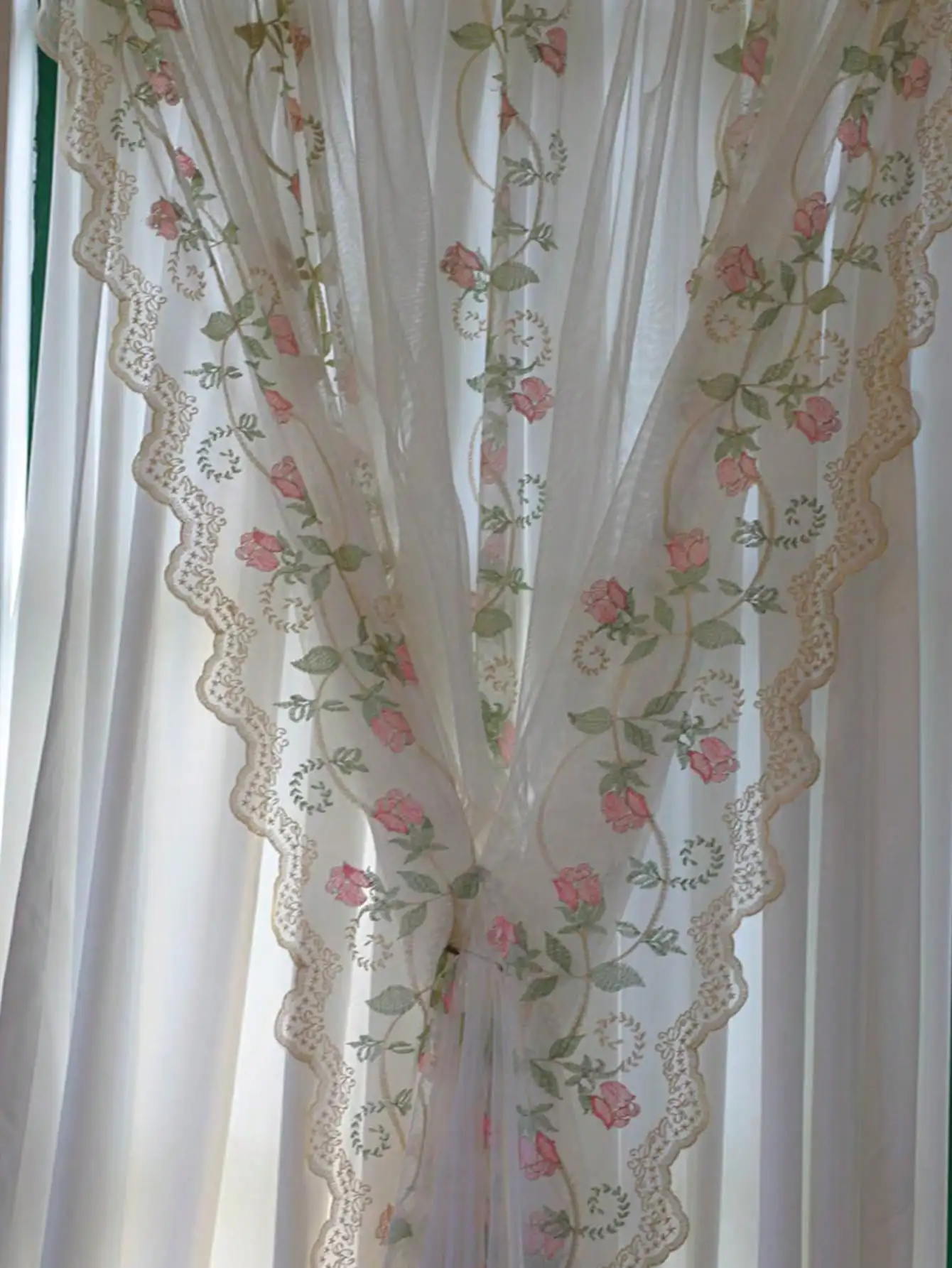 1Pc French Countryside Embroidered Curtain No Drilling Required Privacy Curtain for Balcony Bedroom Non-Light Permeable