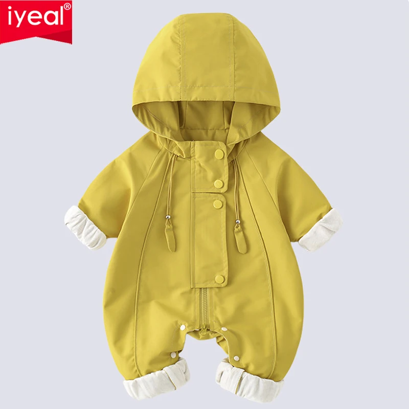 IYEAL Baby Hooded Windproof Romper Long Sleeve Zipper Button Infant Jumpsuit  Solid Color Toddler Outerwear Spring Autumn Outfit