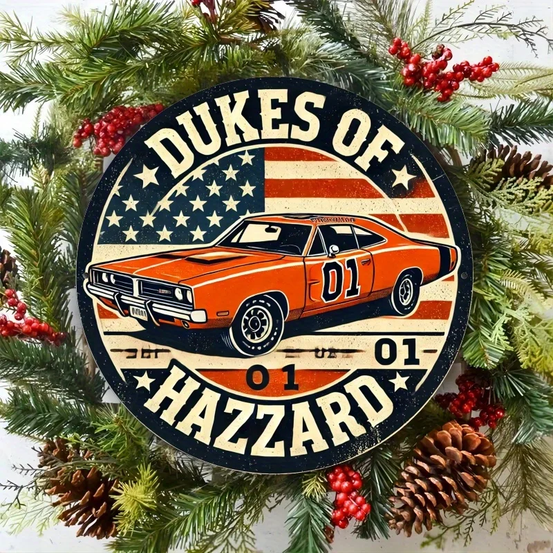 Letrero Metálico Redondo Retro 2D Plano 'Dukes of Hazzard General Lee 01' - Decoración de Pared con Temática de Programa de TV Clásico, Arte de Coche Deportivo Naranja