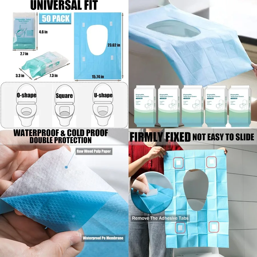 

50 упаковок одноразовых чехлов на сиденья для унитаза 16x24 дюймов, портативные вкладыши XL для использования на открытом воздухе, гостиничных больниц, путешествий и общественных туалетов