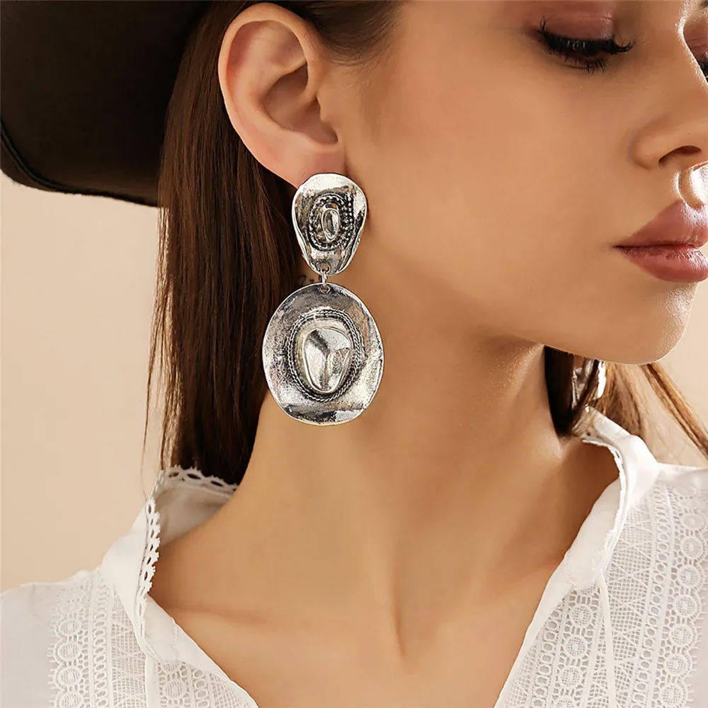 Punk Cowboy Hat Metal Dangle Earrings for Women 2024 Trendy Goth Heavy Ear Post Dangle Rock Jewelry Accessories Gifts