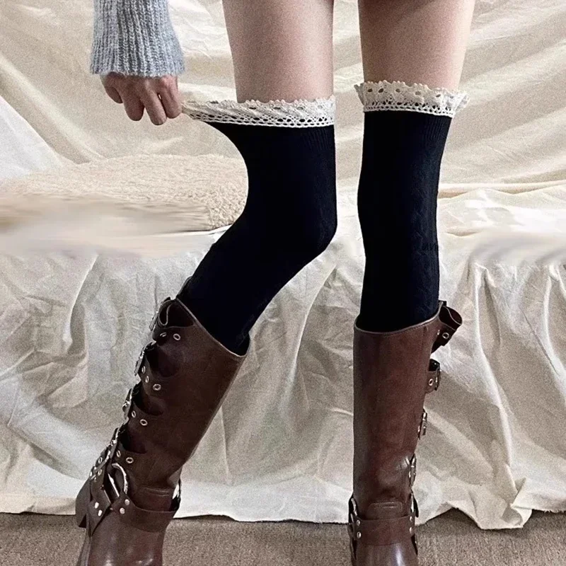 ถุงเท้ายาวลูกไม้เซ็กซี่สำหรับผู้หญิง สไตล์โลลิต้า ถุงเท้ายาวเหนือเข่า ถุงเท้าถักยาวถึงต้นขา ถุงน่องยาวสำหรับสาวๆ ถุงเท้ากันหนาวแบบยาว