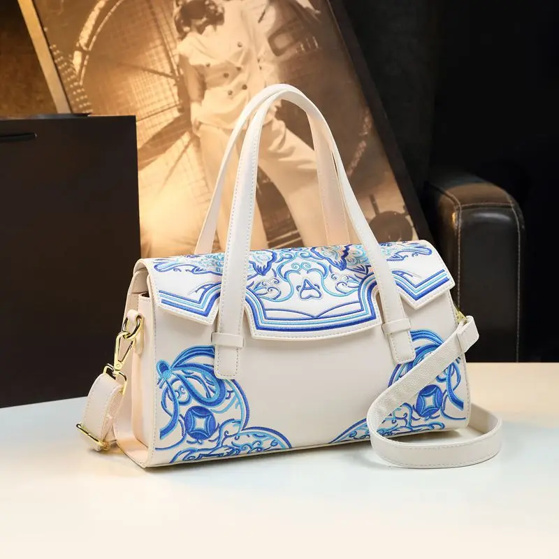 2024 New Genuine Leather Fashion Women\'s Bag New Chinese Style Embroidery Handbags Light Luxury Shoulder Messenger Boston Bags