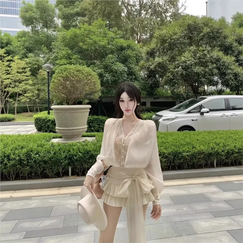 EDGLuLu New Two Piece Set V-Neck Lace Embroidered Patchwork Top+High Waisted Bow Layered Ruffled Skirt Sweet White Suit 0116