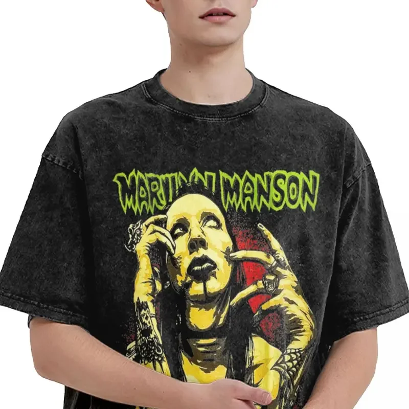 Washed T Shirt Marilyn Manson Hip Hop Vintage T-Shirt Oversize Streetwear 100% Cotton Graphic Tops Tees for Men Women