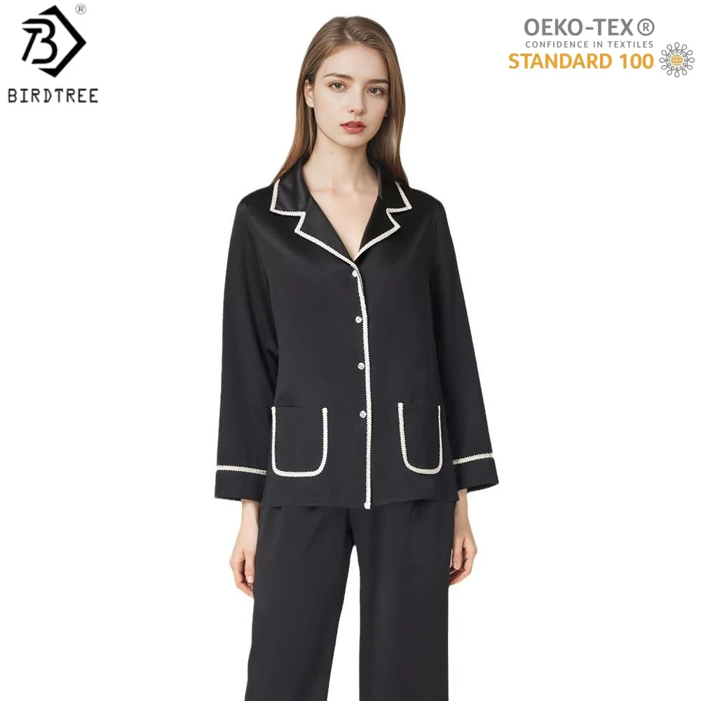 

BirdTree, OEKO-TEX, пижамный комплект из 100% шелка, женская однотонная домашняя одежда с длинными рукавами и лацканами, осенняя новинка 2023 года P5D003JF