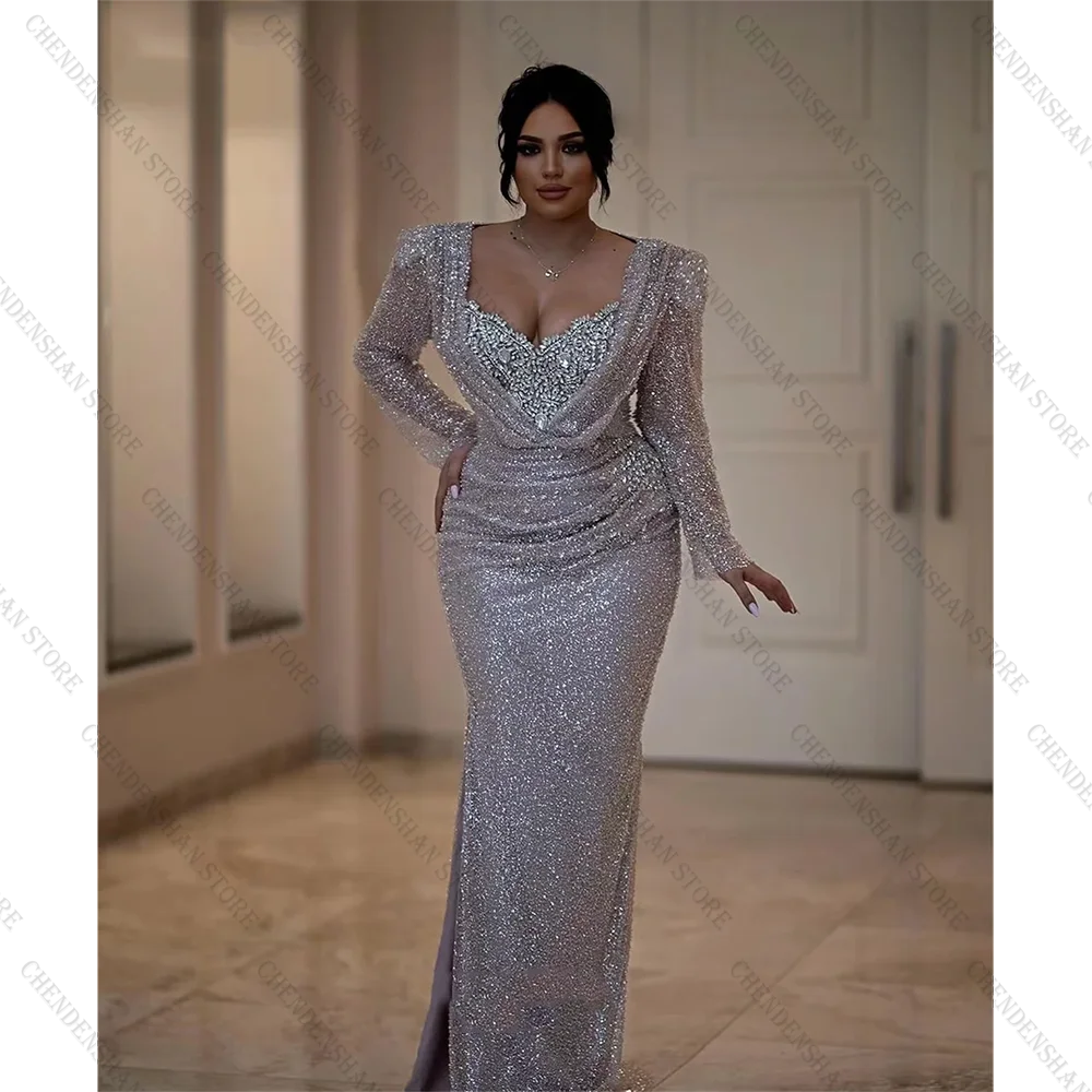 Afrikanische Meerjungfrau Abendkleider Elegante Lange Ärmel Formelle Anlässe Kleid Robes De Soiree Perlen Pailletten Abendkleid