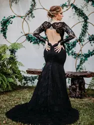 Vintage Black Lace Mermaid Wedding Dresses Long Sleeves Open Back Country Gothic Wedding Gown Customized
