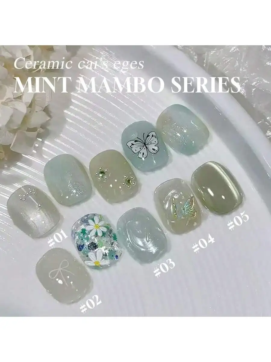 1 esmalte de uñas Miss Comoy 15ML Mint Mambo. Gel de ojo de gato flash con cuentas verdes de cardamomo vegano.