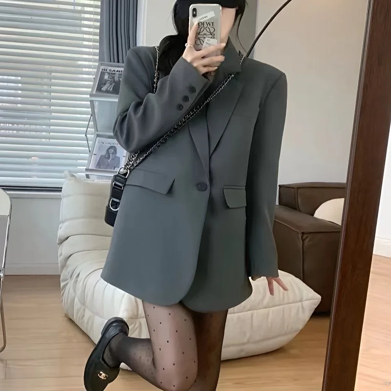 

Deep Grey Women's Suit Jacket Casual Loose Style Spring Autumn Korean Version Fashionable plus Size Top for Ladies