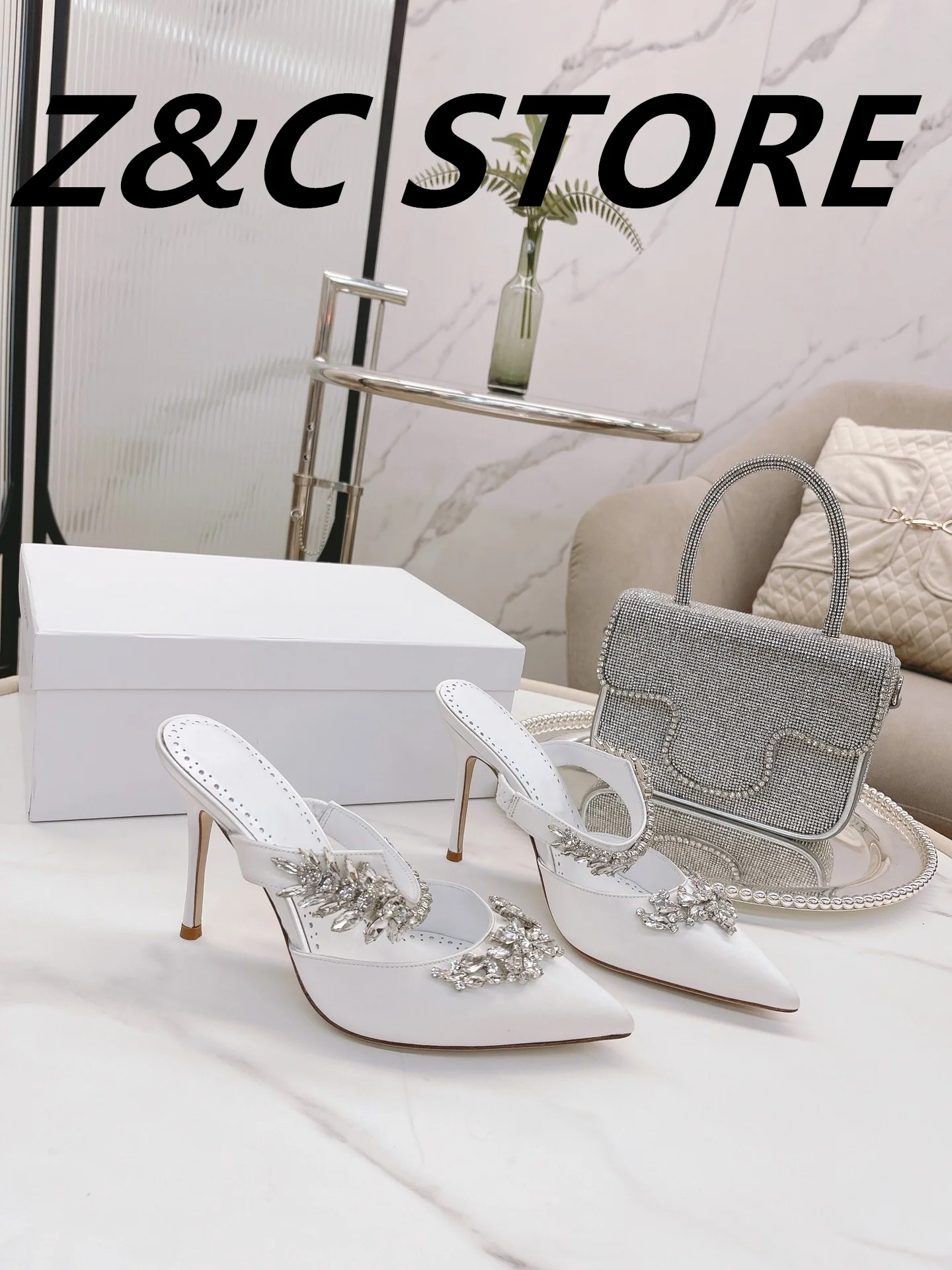 Mule Shoes Shallow Pointed White Silk Surface Wheat Fringe Rhinestone Pointed High Heels White Fine Heeled Wedding Shoes Women