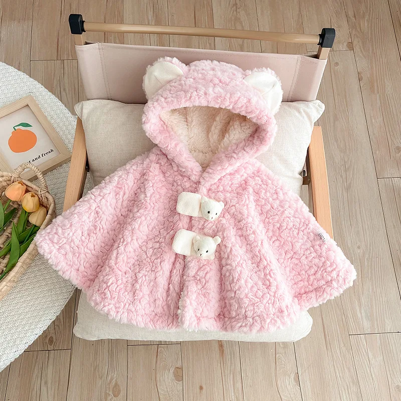 Cute Cartoon Baby Plush Romper Oudoor Winter Outfit for Newborn Furry Fleece-Lined Cotton with Windproof Cloak Toddler Hood