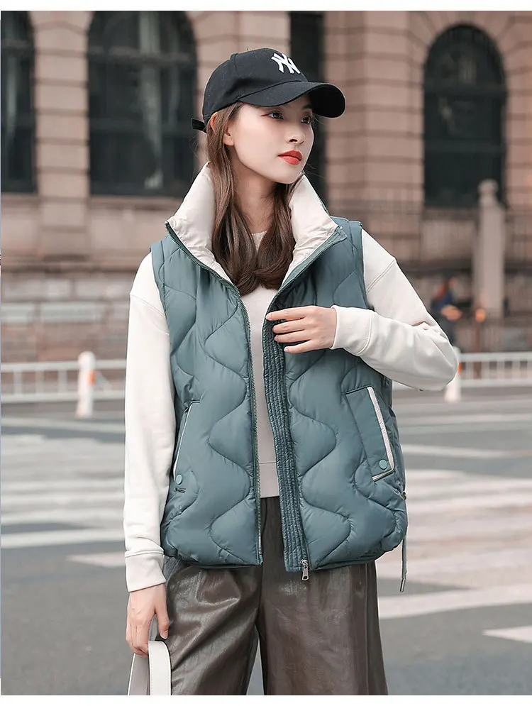 Fashion Stand-Up Collar Vest Women Autumn Winter Sleeveless Coat Jacket Overcoat Quilted Padded Warm Thick Puffer Down Cotton