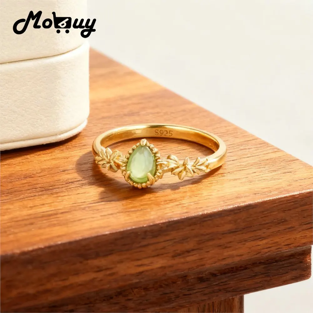 

MOBUY Natural Olivine Gemstone Ring For Women Vintage Romantic Court Style 925 Sterling Silver Gold Vermeil Party Fine Jewelry
