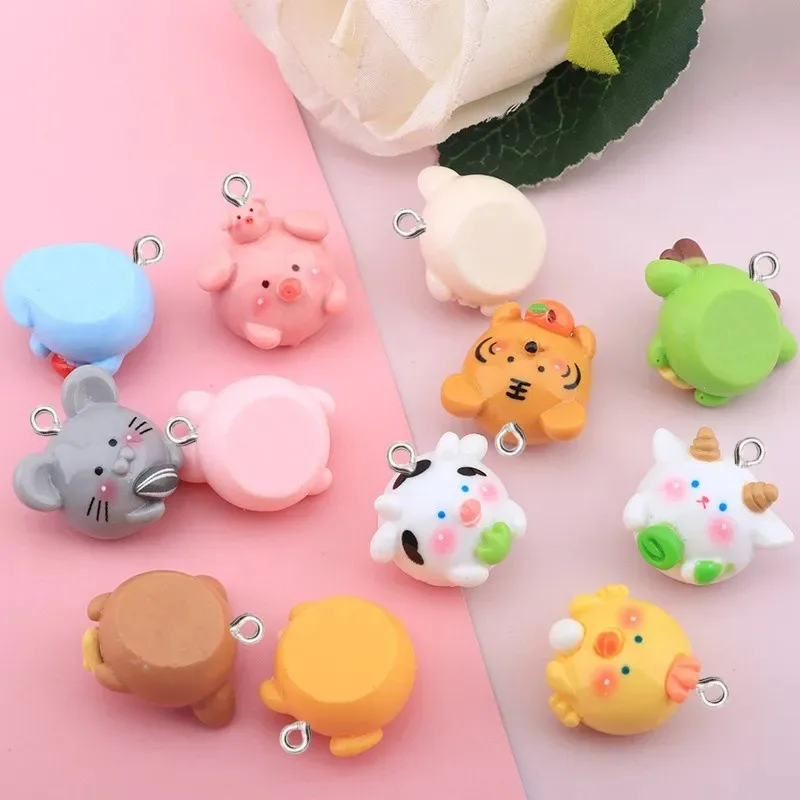 12Pcs Chinese 12 Zodiac Animal Resin Charms Cute Rabbit Sheep Dog Cow Crafts Decoration DIY Miniature Figurine Cabochon Pendants