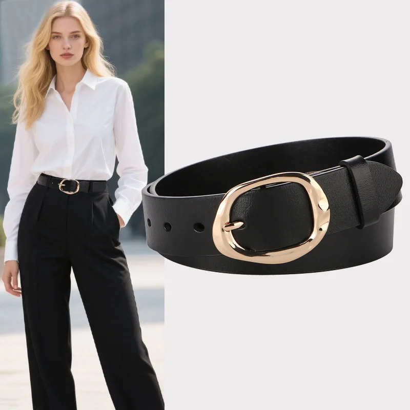

Fashion Leather Belt for Women Black Waist Belts with Irregular Oval Gold Buckle for Jeans Pants Dresses Casual Style