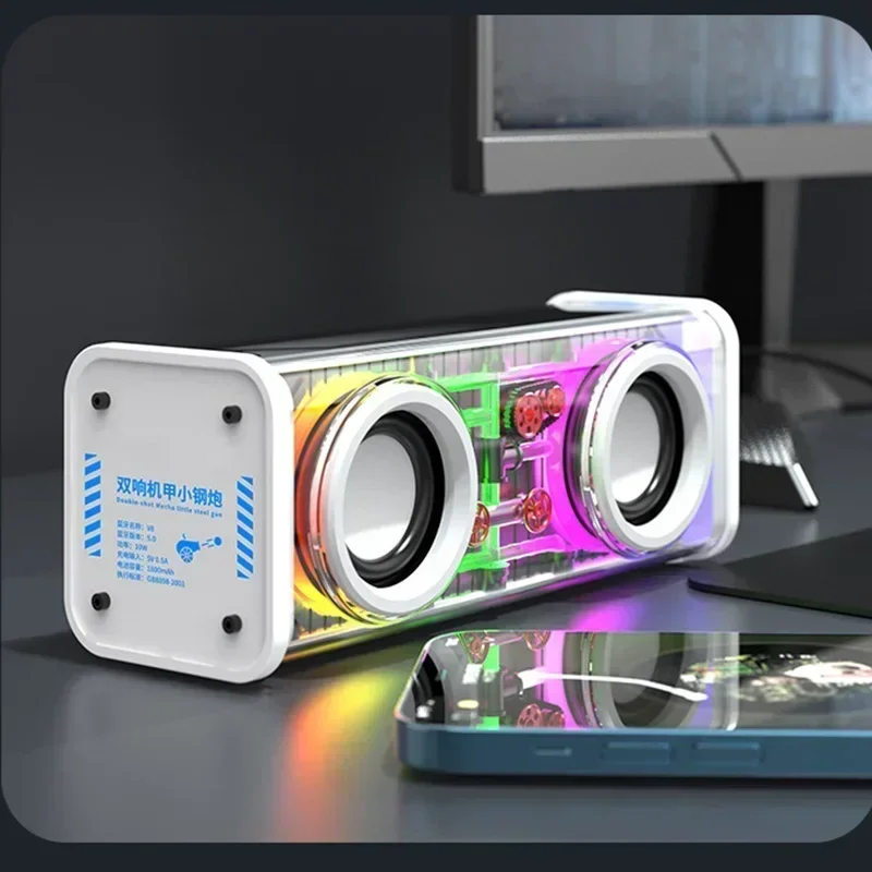 

New V8 Mini Party Loudspeaker Transparent Diaphragm Subwoofer TWS Mecha Music Speakers Bluetooth 5.0 Wireless Bass RGB Light