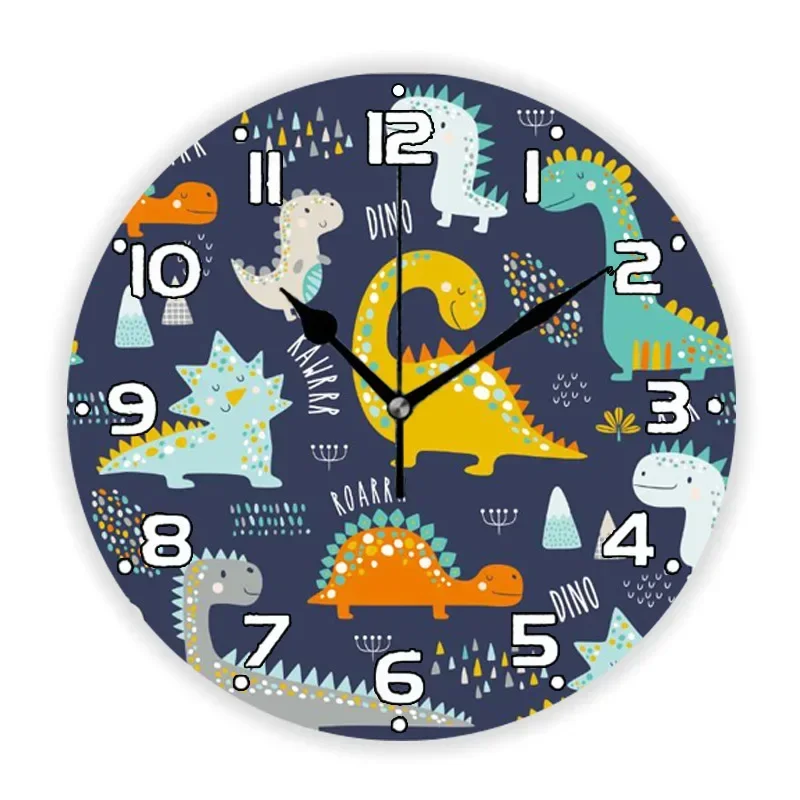 Blue Cute Cartoon Dinosaur Dino Kid Wall Clock for Nursary Boy Bedroom Colorful Dinosaurs Large  Watch Home Decor Xmas Gift