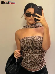 Weird Puss Leopard Print Crop Tops Woman Summer Strapless Ruffles Scarf Collar Trend Sexy Party Wild Chic Clubwear Skinny Vest