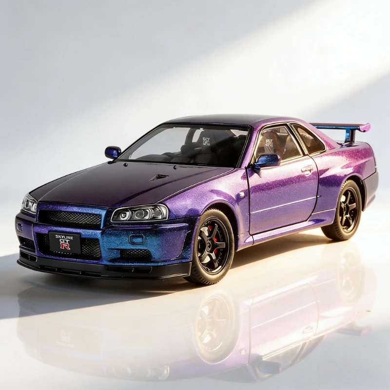 

Масштабная модель автомобиля GTR-R34 1:24 из сплава с реалистичными звуковыми эффектами, коллекционная игрушка премиум-класса для детей, в розничной упаковке