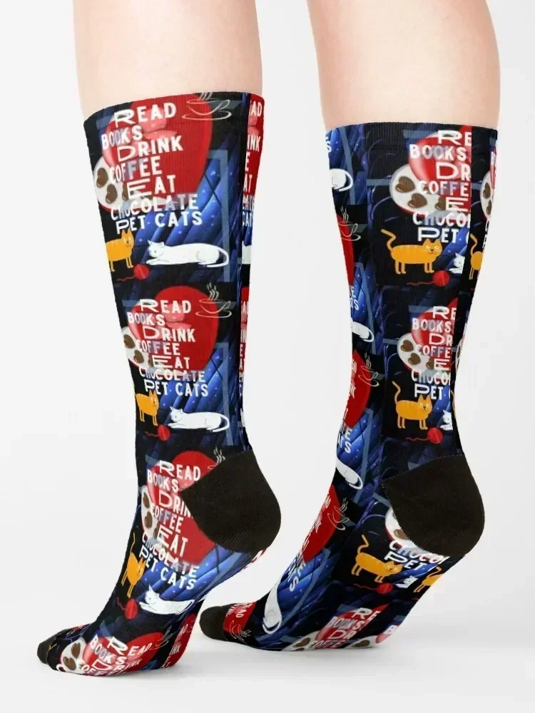 اقرأ الكتب، شرب القهوة، أكل الشوكولاتة، الحيوانات الأليفة القطط المجهزة تي شيرت الجوارب التنس هدايا مضحكة الطابق الجوارب للفتيات الرجال #4