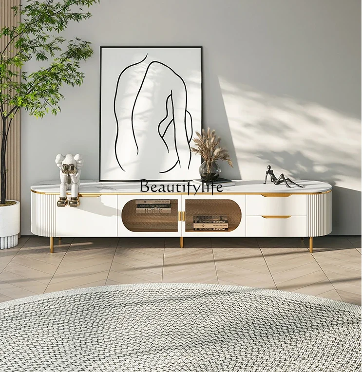 

FG11Stone Plate TV Cabinet and Tea Table Combination Simple Modern Living Room Small Apartment Light Luxury Amber-Yellow Glass