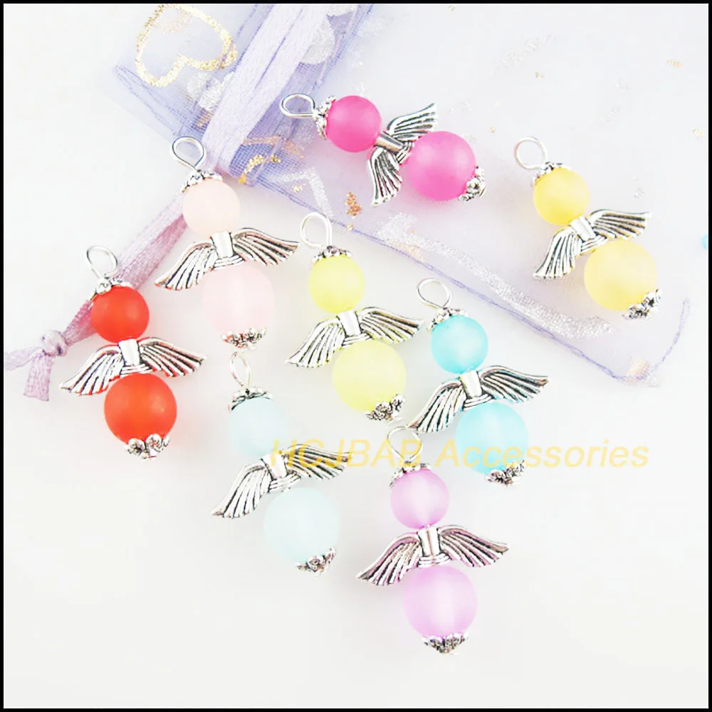 8Pcs New Charms  Tibetan Silver Color Mixed Crystal Acrylic Angel Wings Pendants DIY J049