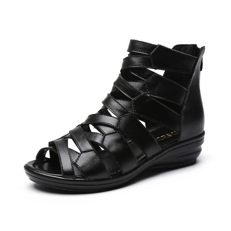 Gladiator Sandals Wedge Sandals Female Summer Middle-heeled Leather Soft Sole Comfortable Soft Women Sandals Shoes Back Zipper