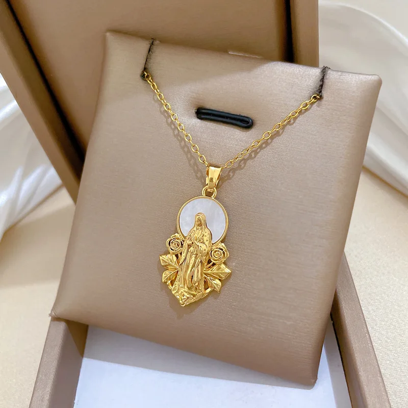 قلادة مريم العذراء المطلية بالذهب للرجال والأولاد، قلادة على شكل صدفة كاثوليكية مع سلسلة شفاه من الفولاذ المقاوم للصدأ، هدية مجوهرات صلاة الإيمان