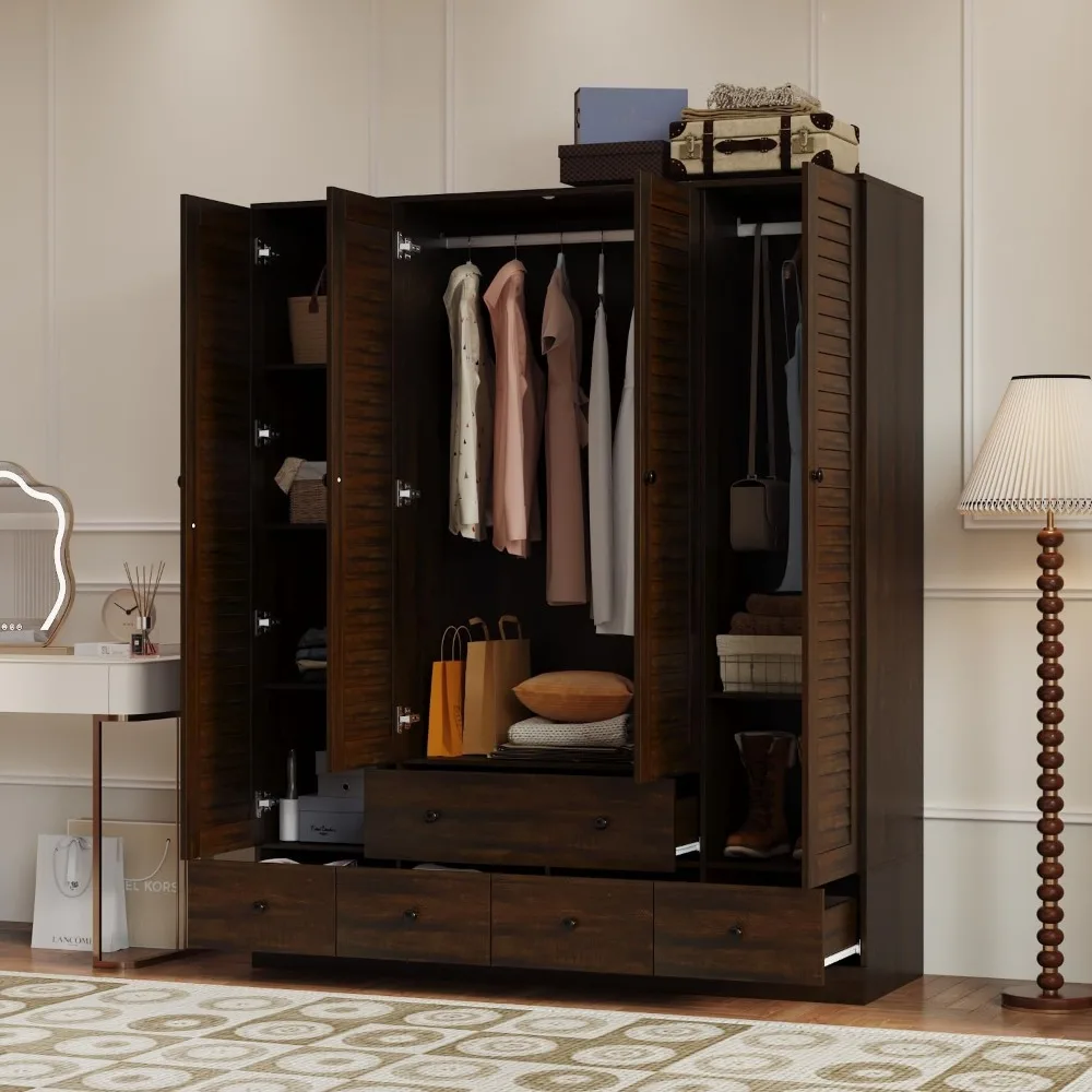 

Wardrobe Armoire with 4 Louvered Doors – Bedroom Closet with Hanging Rod, 5 Drawers & Dresser Functionality