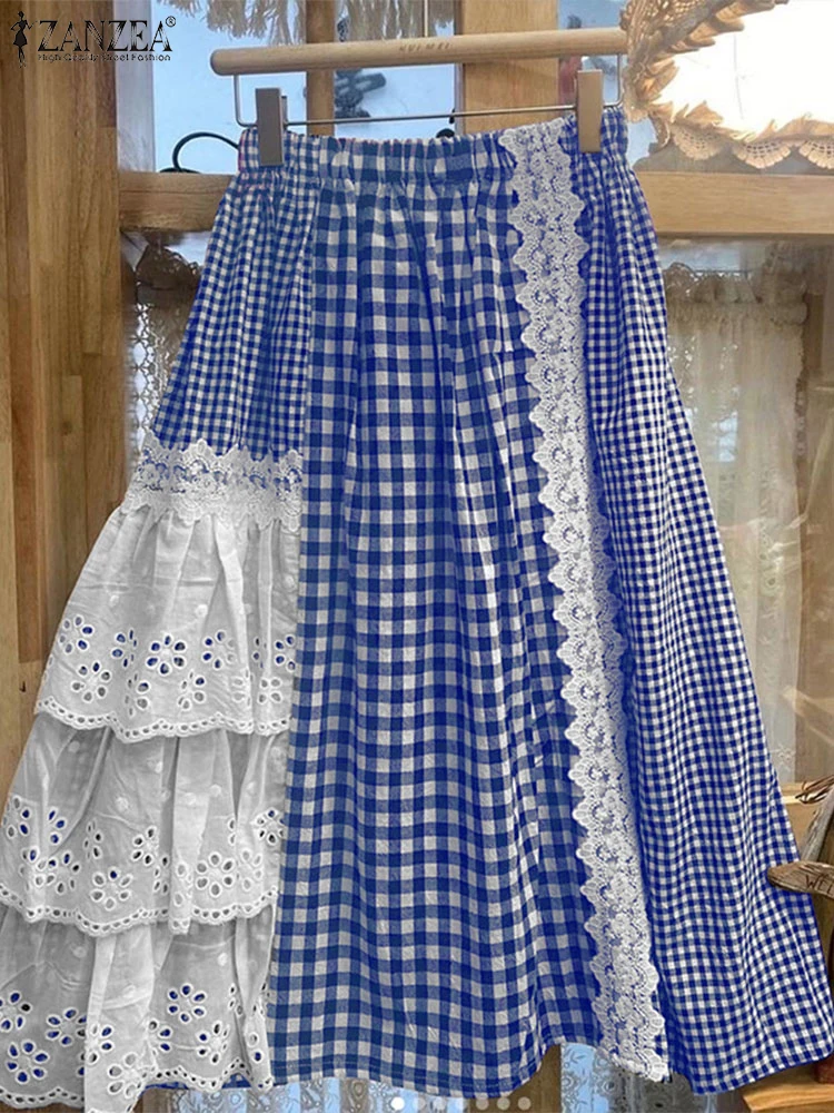 ZANZEA 2024 Women Plaid Skirt Fashion Lace Stitching Multilayer Overskirt Sweety Elastic Waist Jupes Casual Holiday Long Faldas