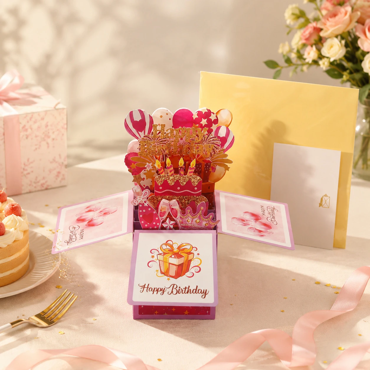 

Happy Birthday Greeting Card With Envelope 3D Gift Box Daughter Sister MOM Grandma Aunt Birthday Wishes Message Card Party Gift