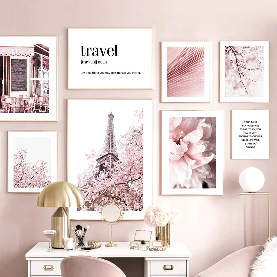 Pariser Turm Kirschblüten Rosen Café Wandkunst Leinwanddruck Nordische Poster und Drucke Wandbilder für Wohnzimmerdekoration